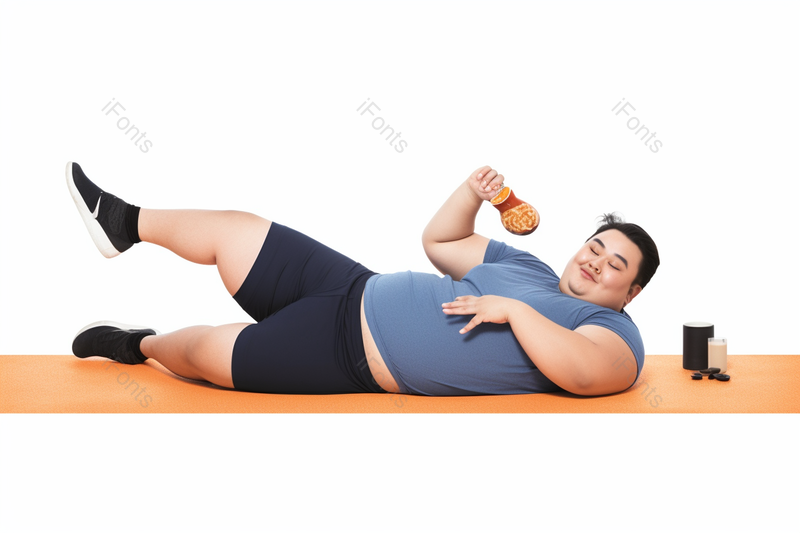 糖尿病肥胖男生躺在瑜伽垫上吃零食,高清,摄影图,摄影图片,图片大全,摄影图免费下载